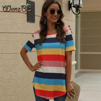 

Wenzbb 2020 Summer Spring Rainbow Color Block Striped T-Shirt Tees Short Sleeve O-Neck Casual Loose Tops Dropshipping