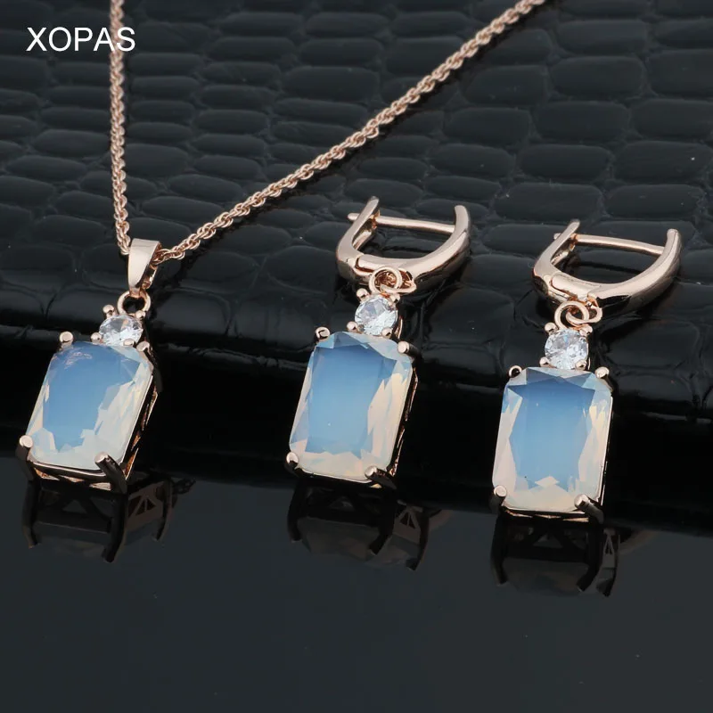 

585 Rose Gold Charming Square Stone Zircon Earring Beautiful Dangle Earring for Women Anniversary Gift Female Earrings Set