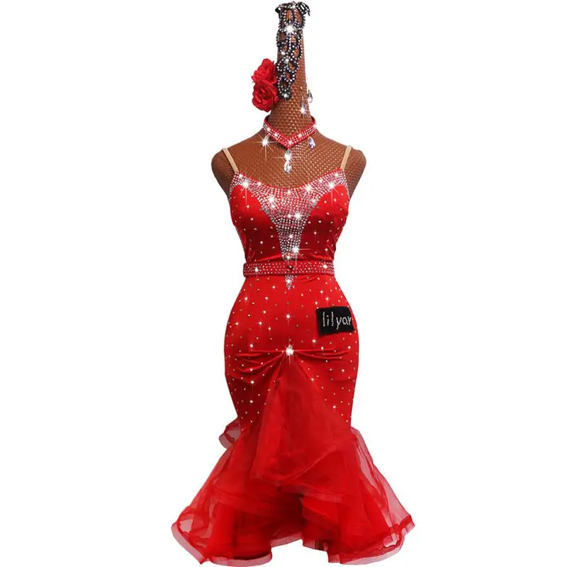 Новое Женское латинское танцевальное бальное платье Танго Румба Танец Чача одежда для соревнований леди красный латинский танец Стразы