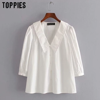 

white cotton blouses tops women peter pan collar cute shirts summer tops three quarter sleeve