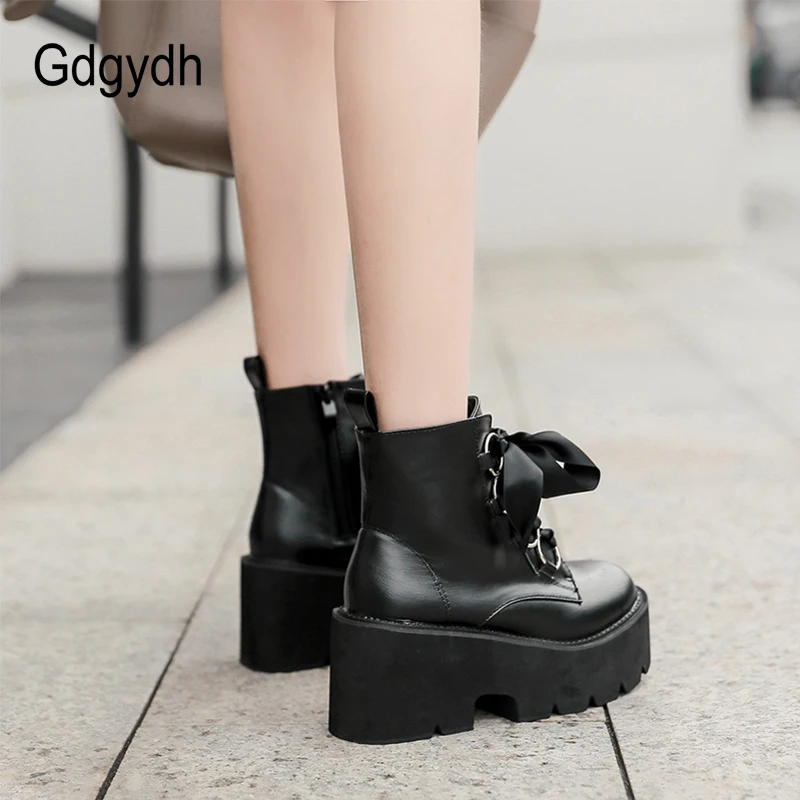 Gdgydh Autumn New Women Ankle Boots Round Toe Lace-up Platform Short Boots Female PU Soft Leather Black Boots Drop Shipping