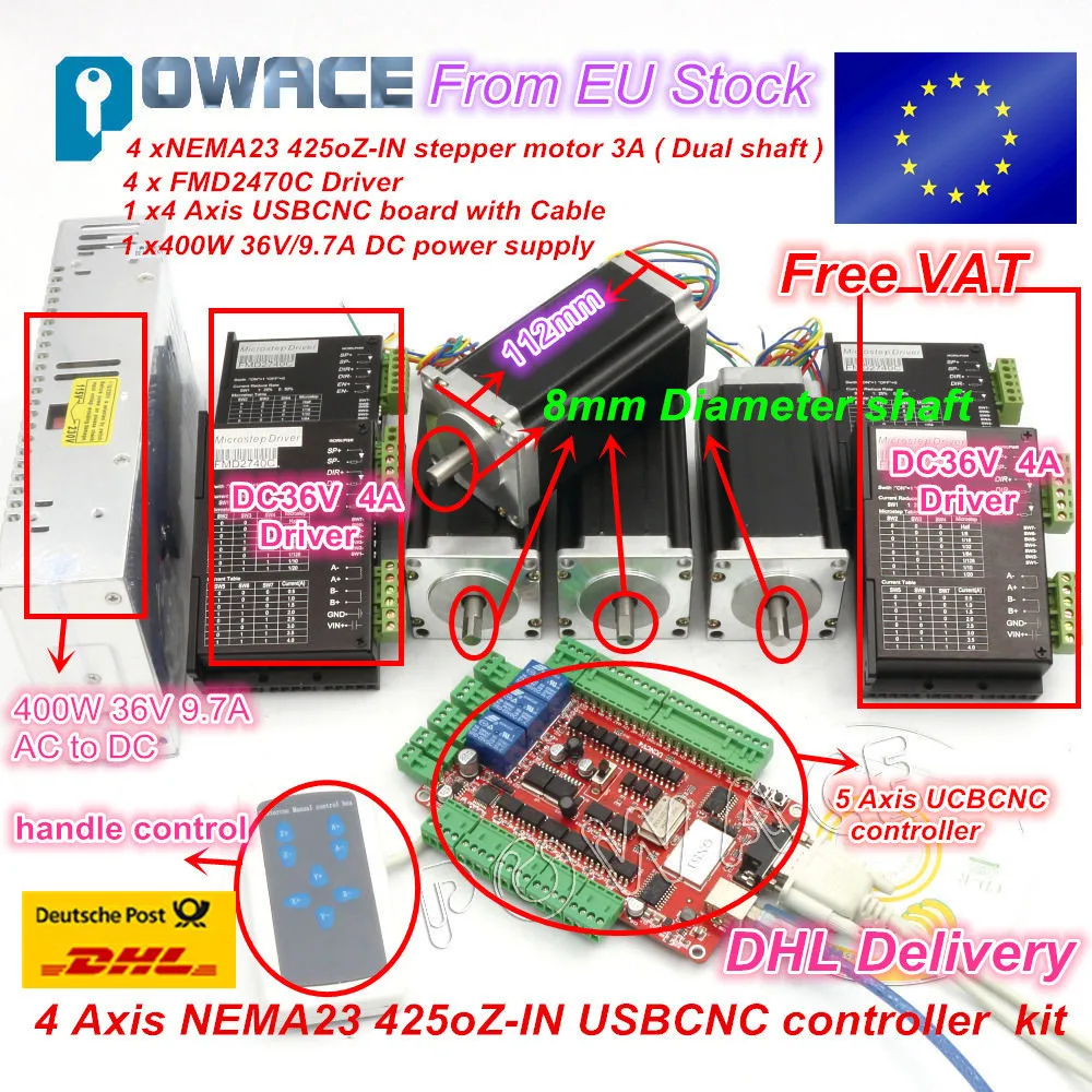 

4 Axis Stepper Motor Controller kit USBCNC driver board Nema23 425oz-in,112mm,3A (Dual Shaft ) Engraving machine