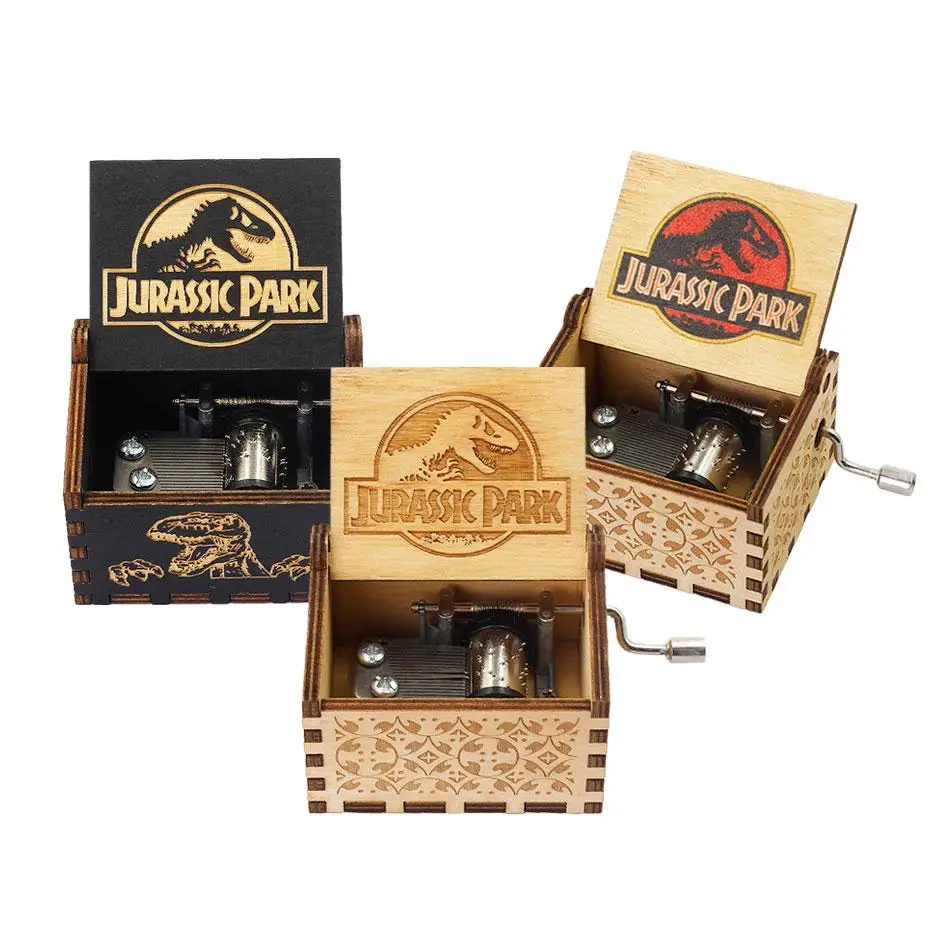 HOT Wooden Hand Crank Black Queen Jurassic Park Music Box Childrens holiday 