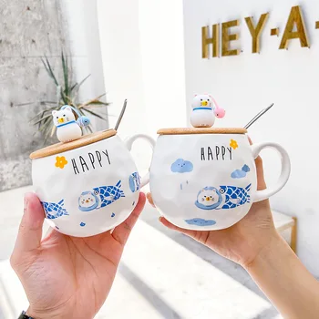 

450ML Hand-painted Cat and Fish Breakfast Milk Mug Creative Japanese Cute Cartoon Ceramic Cup with Lid Spoon Handle Office Cup
