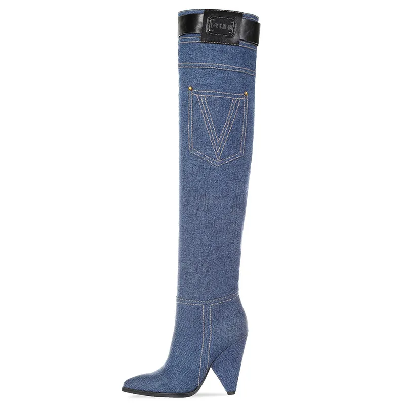over the boots ASUMER/модные сапоги выше колена; женские джинсовые сапоги с острым носком на молнии; сезон осень-зима; женские сапоги на шпильке для выпускного; Новинка года - Цвет: over the boots