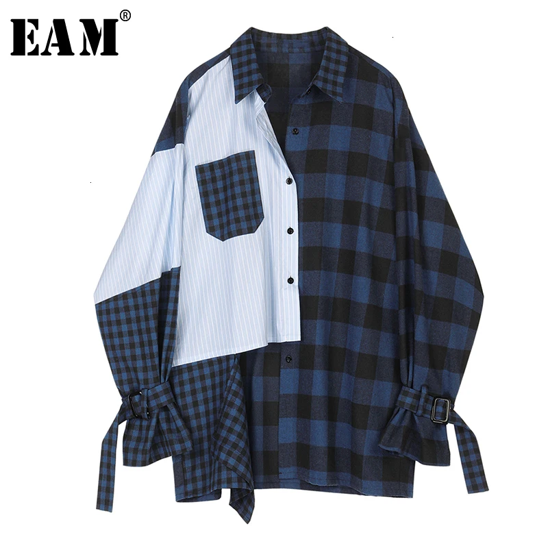  [EAM] Women Blue Striped Plaid Split Big Size Blouse New Lapel Long Sleeve Loose Fit Shirt Fashion 