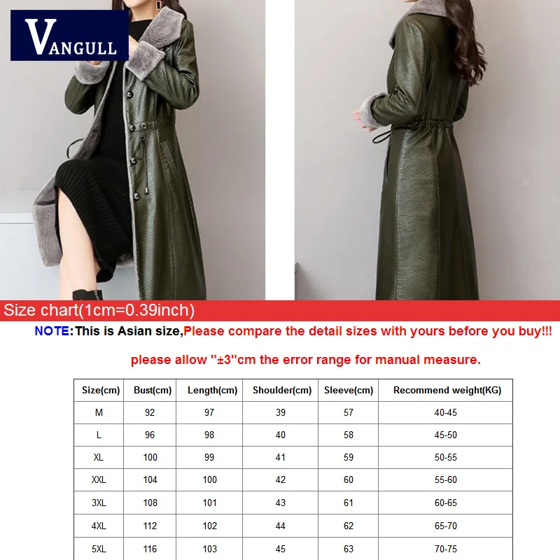 Vangull 5XL, элегантная кожаная куртка, женская, плюшевая, Вельветовая, длинная, новинка, тонкий, меховой воротник, кожаные пальто, черная одежда, женские пальто, верхняя одежда