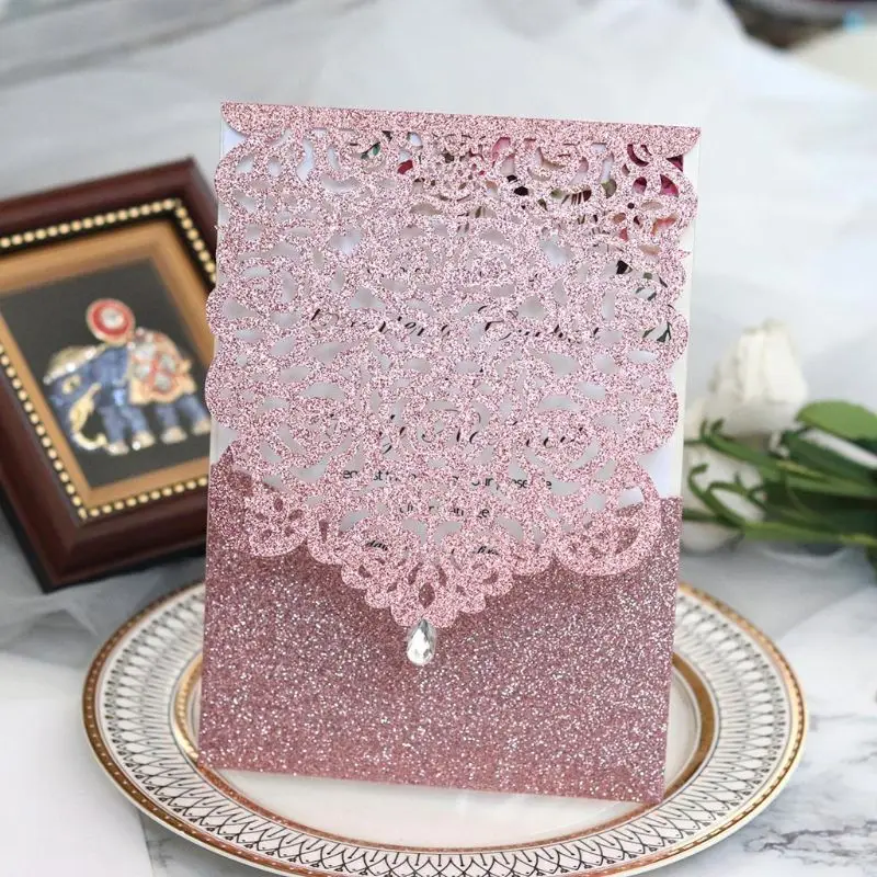  10pcs Laser Cut Glitte Rose Invitations Card with Rhinestone Kits Wedding Party - 4000299533302