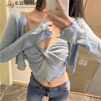 

EDGLuLu 2 Piece Set Light Blue Long Sleeve Cardigan+spaghetti Strap Sexy Short Crop Top Casual Womens 2 Piece Outfit Set 0827