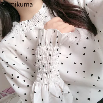 

Nomikuma Korean Chiffon Women Blouse Tops Love Heart Printed Shirts 2020 New Stand Neck Flare Long Sleeve Blusas Femme 6A375