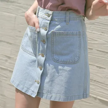 

New Summer Womens ladies A-line Pencil Jeans Skirt Front Button Casual High Waist Denim Small Pockets Skirt Harajuku