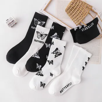 

Black White Streetwear Fashion Sock for Women Butterfly Pattern Japanese Hip-hop Style Mid Tube Socks 1Pair Cotton Breathable