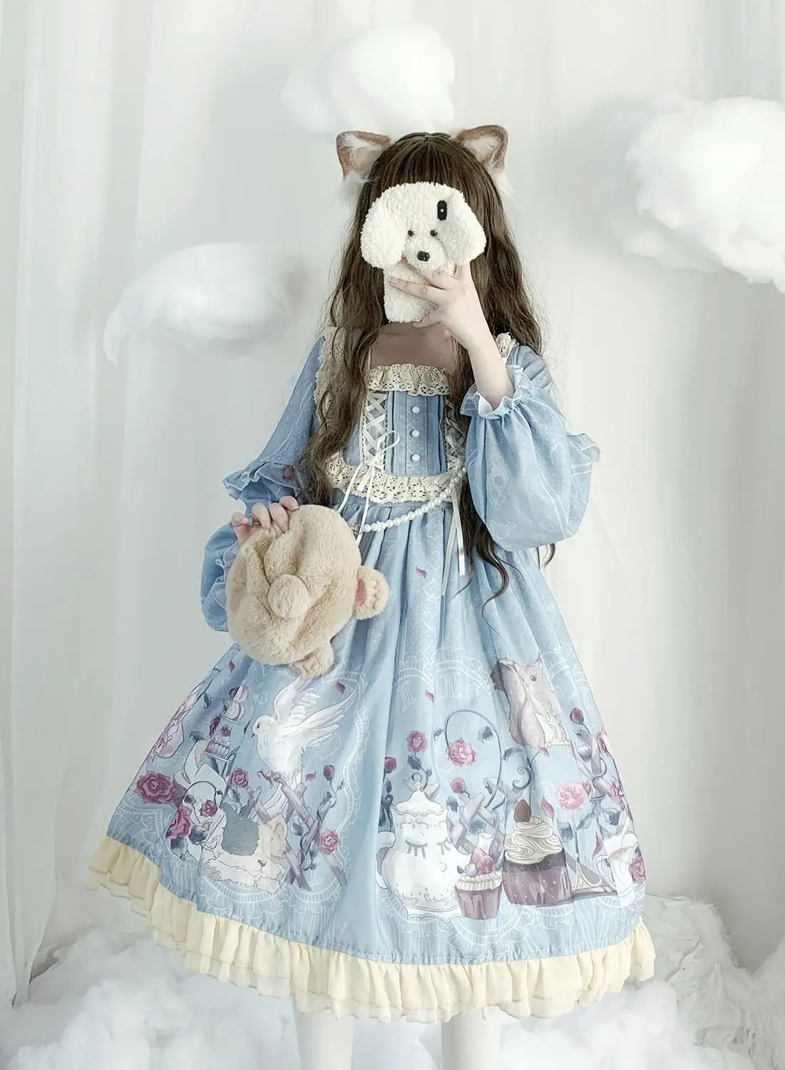Kawaii Bear Rose Garden/милое платье лолиты с длинными рукавами для девочек, модное платье Долли, японское женское платье для косплея, элегантное платье с оборками