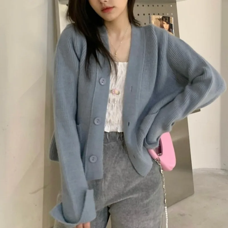 Gentle Wind V-neck Thin Loose Sweater Women's Soft Milk Blue Cardigan Coat |