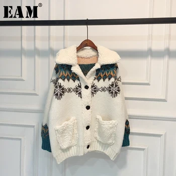 

[EAM] Pattern Big Size Knitting Cardigan Sweater Loose Fit Lapel Long Sleeve Women New Fashion Tide Autumn Winter 2020 1W894