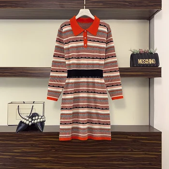 

2020 autumn vintage dress vintage striped button loose casual kint sweater dress vestido mujer plus size Women's Clothing