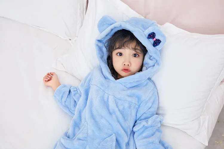 Winter Girls Boy Bathrobe Flannel Pajamas 2-12Y Hooded Sleepwear