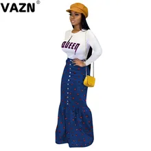 VAZN, шикарный дизайн, осень, сексуальные женские юбки длиной до щиколотки с голубым принтом, высокая талия, пуговицы, женские облегающие модные юбки