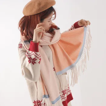 

202 autumn and winter new small fresh diamond lattice mid-length warm tassel mid-length ladies scarf shawl A68
