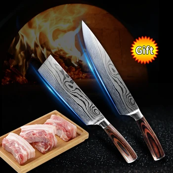 

2pcs/set Damascus Pattern Kitchen Knives 8 Inch Japanese Chef Meat Cleaver Slicer Santoku Chopping Knives Set