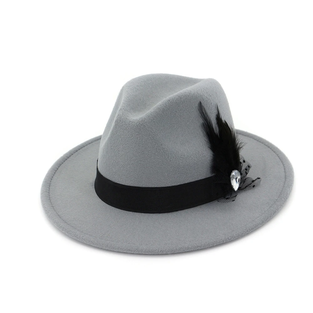 Модная мужская и женская шерстяная шляпа Fedora с пером широкая шляпа для взрослых шляпка для церкви Элегантная Дамская праздничный головной убор шляпа - Цвет: Light Gray
