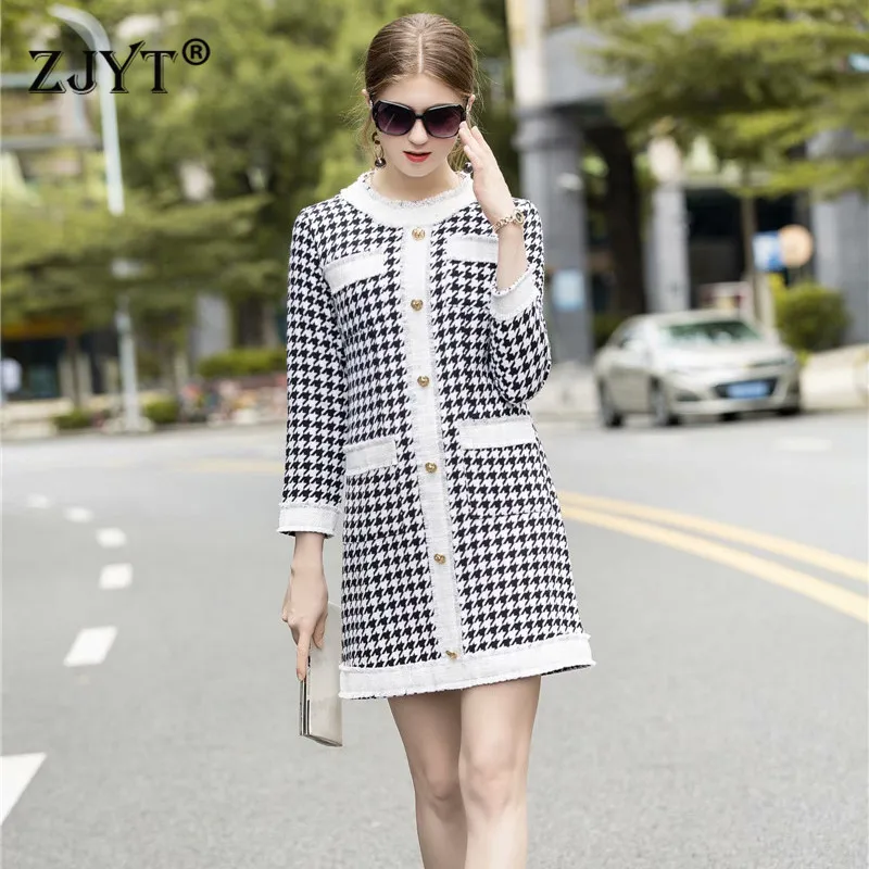 

High Quality Fashion Runway Dress Fall Winter Women 2019 New Full Sleeve Color Block Houndstooth Print Woolen Dress Female