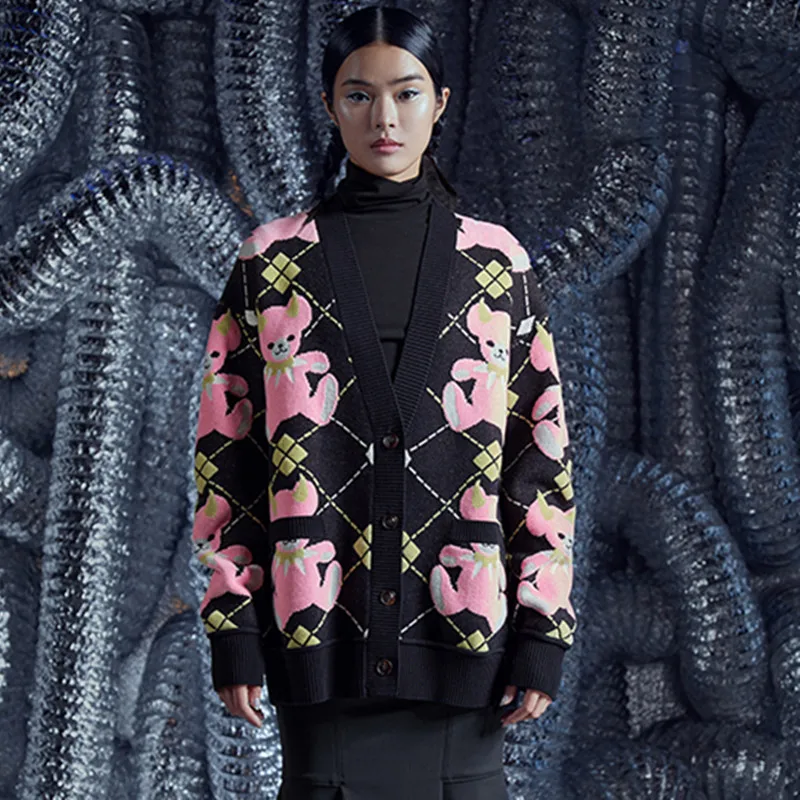 

Cardigan Sweater Women Autumn Winter 2020 V Neck Pink Bears Pattern Loose Casual Plaid Knitted Jacket Oversize Cardigans Coat