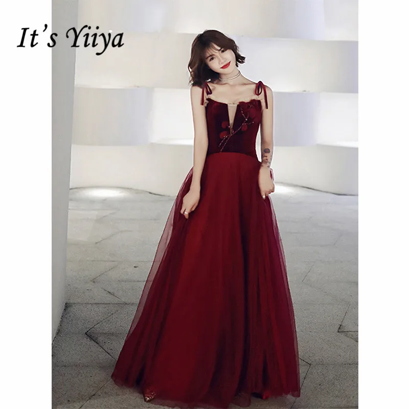 

It's Yiiya Evening Dress 2019 Sleeveless Flowers Burgundy Long Dresses Elegant Party Spaghetti Strap Party Formal Dresses E1304