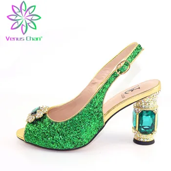 

Green Color Summer Slip on High Heels Women Shoe Decorated with Rhinestone African Women Pumps Fashion Niogerian Women Shoe