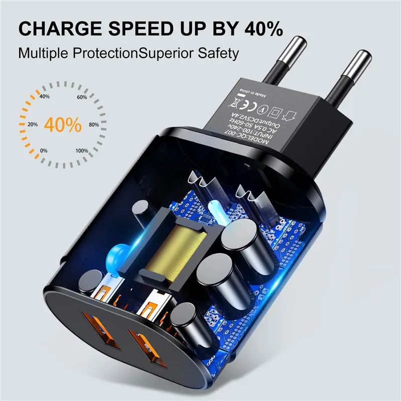 GTWIN Quick Charge EU/US Plug 2.4A двойной USB адаптер для быстрой зарядки настенное Универсальное зарядное устройство для мобильного телефона для iPhone samsung Xiaomi