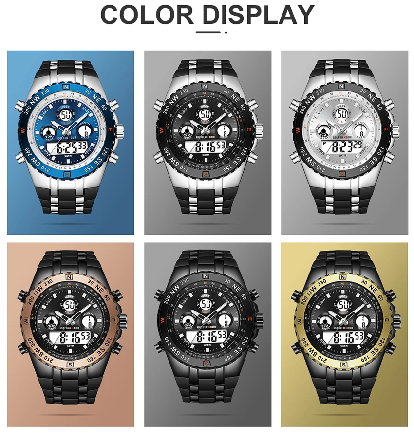 Топ бренд GOLDENHOUR Модные мужские спортивные часы кварцевые аналоговые светодиодный часы мужские кожаные военные водонепроницаемые часы