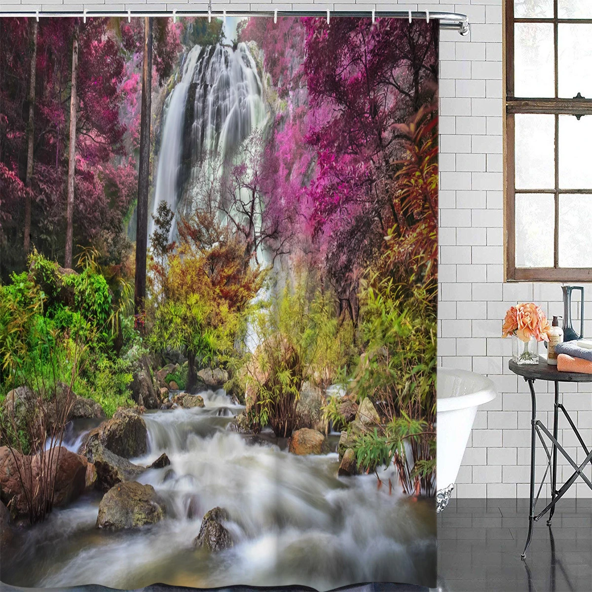 Plant Forest Waterfall Tropical Rainforest Bathroom Shower Curtains Bathroom Decor With Hooks Waterproof Shower Curtains Aliexpress