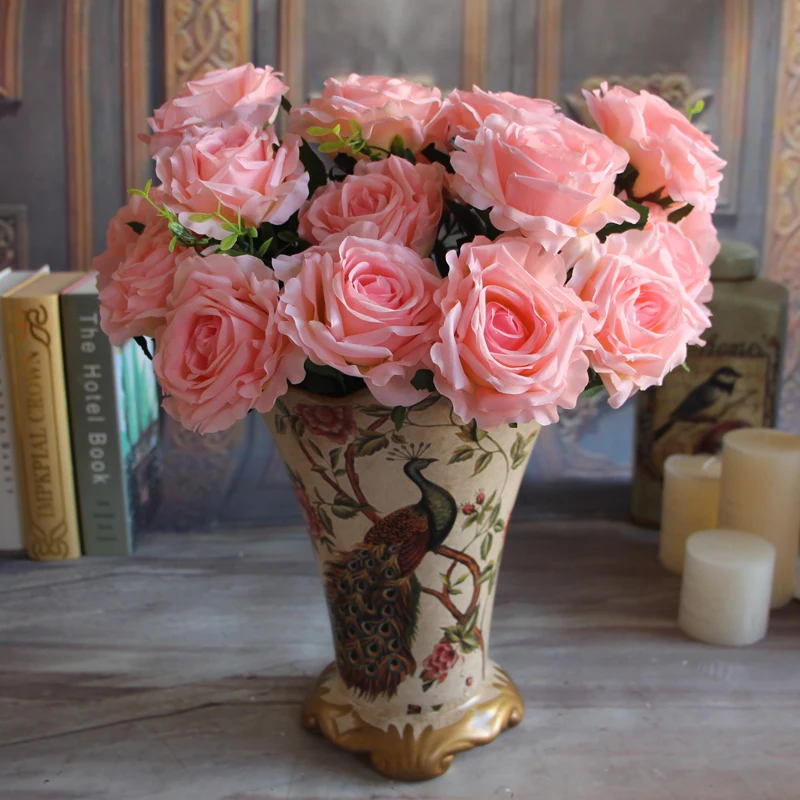 Свадебный букет из 9 роз, искусственный цветок, кремовая Роза - Цвет: Light Pink