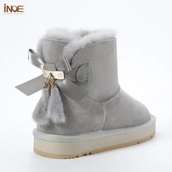 

INOE Sheepskin Leather Wool Fur Lined Women Short Ankle Winter Suede Snow Boots with Bowknots Mink Fur Tassels Keep Warm Shoes
