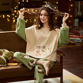 

Autumn Winter Cotton Print Women's Pajamas Sleep Round Neck Long Sleeve Top Long Pant Pajamas Set Woman Sleepwear Pyjamas Women