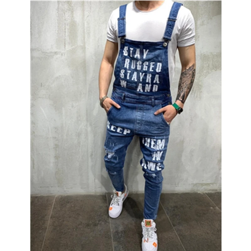Синий Модные мужские рваные джинсы комбинезоны Hi Street Distressed Denim bib Комбинезоны для мужчин брюки на подтяжках Размер S-XXL - Цвет: Синий