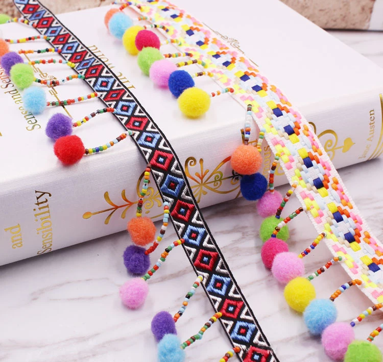 5 ярдов бисером помпоны кружева кисточка отделка Лента Радуга Ткань с бахромой