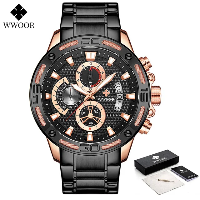 WWOOR Mens Watches Top Brand Fashion Luxury Gold Stainless Steel Quartz Watch Men Waterproof Sport Chronograph Relogio Masculino 