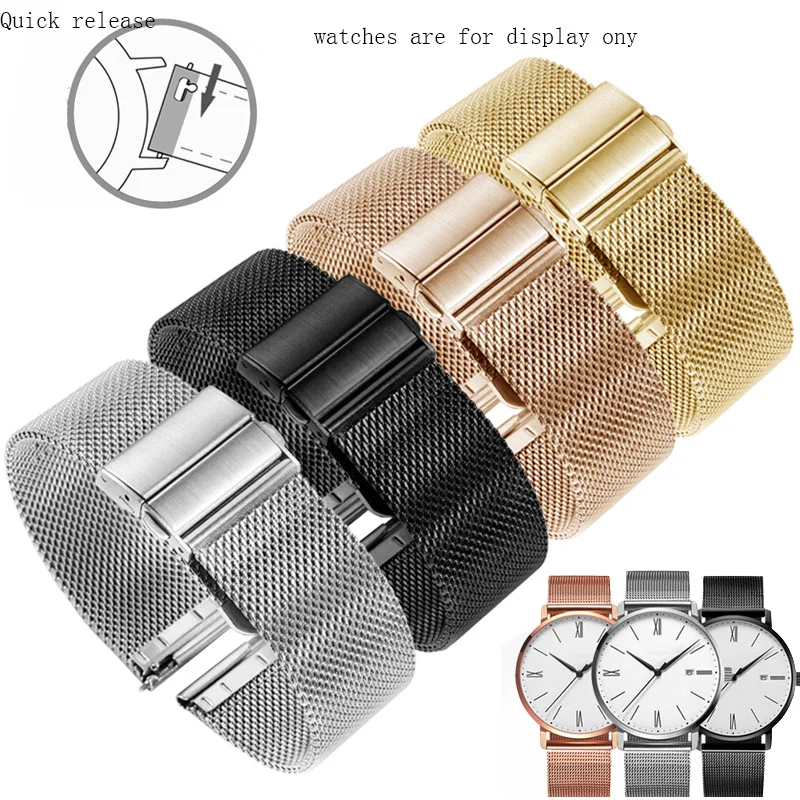 

16 18 20 22mm Milanese Watchband Black Silver Strap for Men and Women Stainless Steel Watch Chain Quick Disassembly