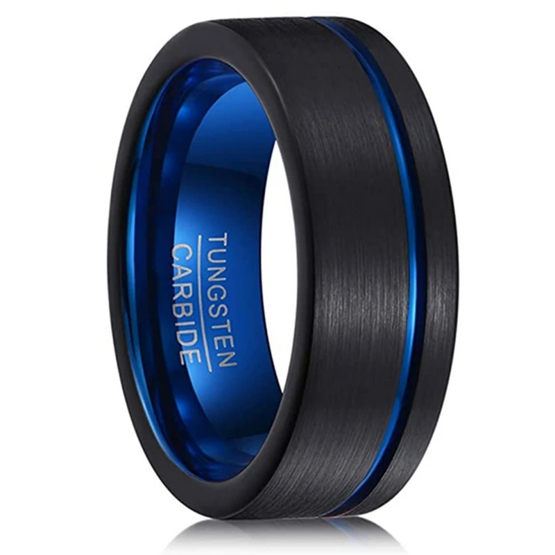 Men's Tungsten Carbide Ring Black Matte Finish Blue Center Groove Polished Beveled Edges Comfort Fit