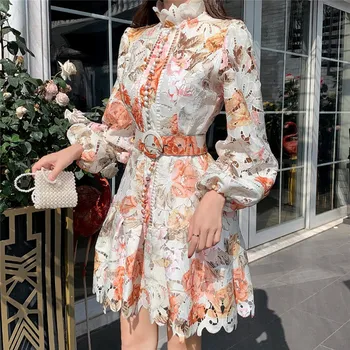 

2020 New Arrive Woman Dress Single-breasted Floral Printed Lantern Sleeve Mini Dress Female Runway Design Vintage Vestido