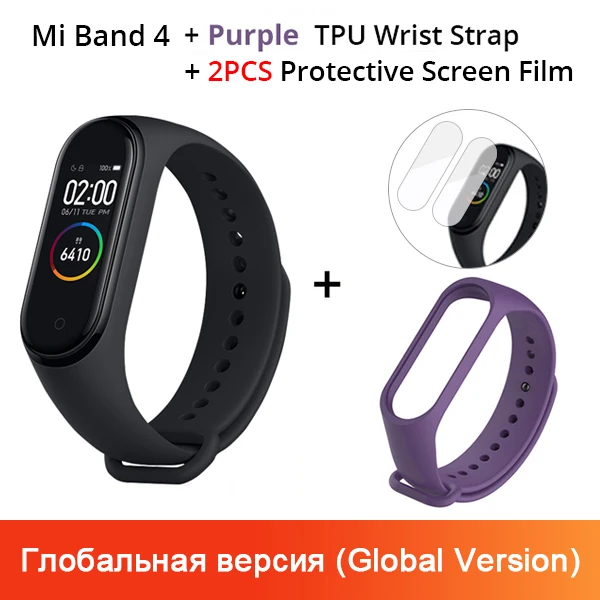 Xiaomi mi-браслет 4 смарт-браслет 3 AMOLED цветной экран mi Band 4 пульсометр фитнес Bluetooth Спорт 50 атм водонепроницаемый смарт-браслет - Цвет: Add Purple Strap