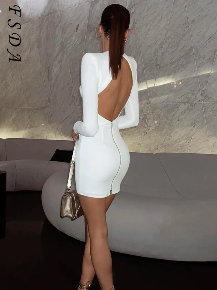 FSDA White Backless Long Sleeve Dress Women Elegant 2021 O Neck Club Sexy Bodycon Dresses Party Autumn Winter Mini Vintage long dress