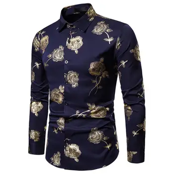 

Yfashion Male Night Club Shirts Mens Lapel Gold Rose Printing Slim Shirt Fashion Long Sleeves Men Shirt Cotton Blend Mens Tops