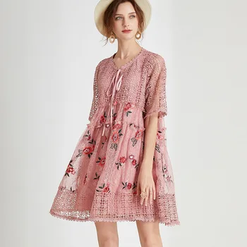 

Women's Dress Elegant Hollow Lace Chiffon Summer Dresses Floral Embroidery Elegant Lace Dress Women Club Party Dresses TA7698