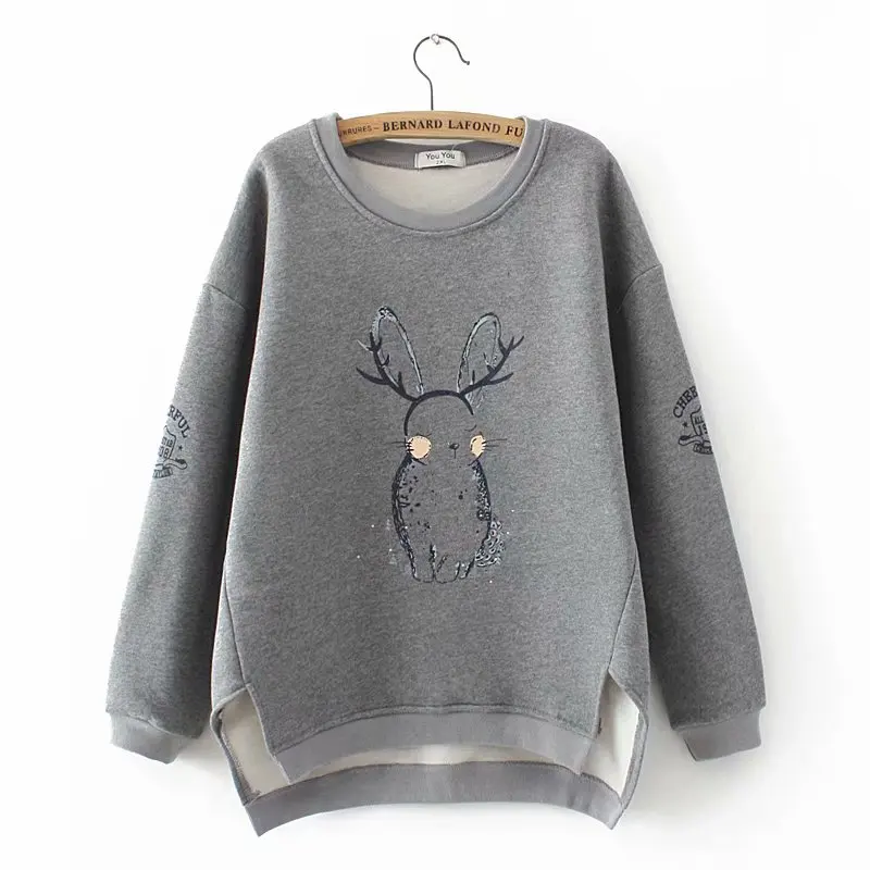 Oversized Plus Size With Velvet Rabbit Print Hoodies Women Sweatshirt Autumn Winter Cotton Ladies Pullover