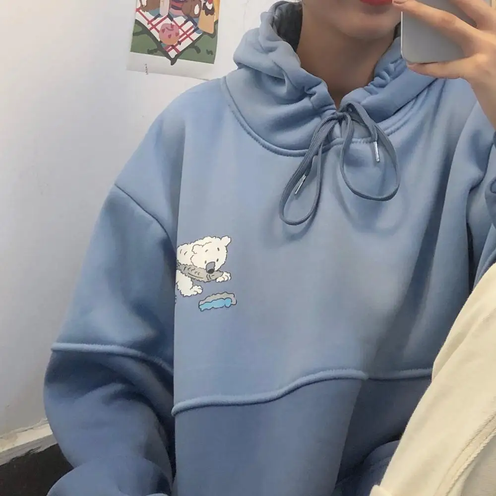 Blue Autumn Women Sweatshirt Cartoon Print BF Style Loose Color matching Hooded Hoodie Female Students Plus velvet Wild Pullover Tops - Цвет: Blue