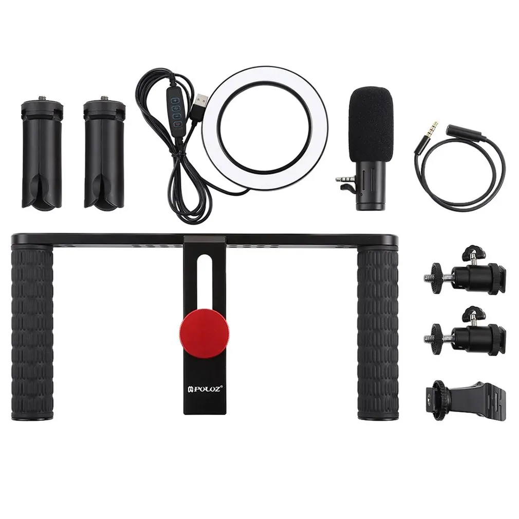 

PULUZ LED Selfie Light Smartphone Video Rig Handle Stabilizer Bracket Kits With Microphone+Tripod Mount+Cold Shoe Tripod Head