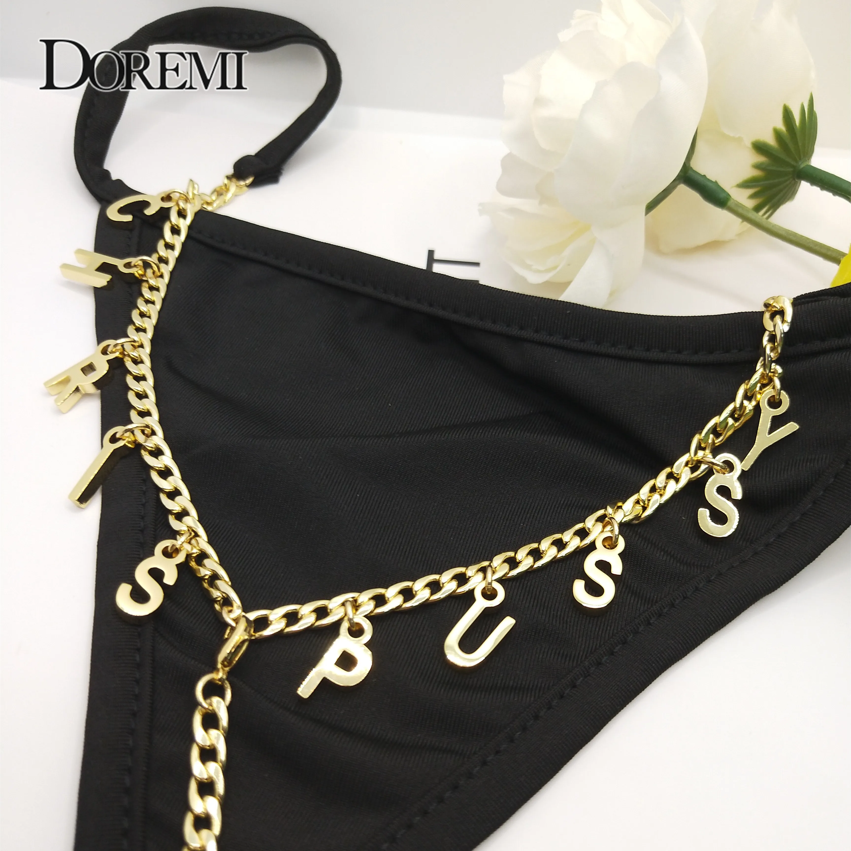 DOREMI Summer Sexy Personalized Name Belly Waist Stainless Steel Chains for Women Body Chain Jewelry Custom Letters Thong PantY doremi customized cuban stainless stee name waist body chains for women sexy thong t back briefs jewelry gifts