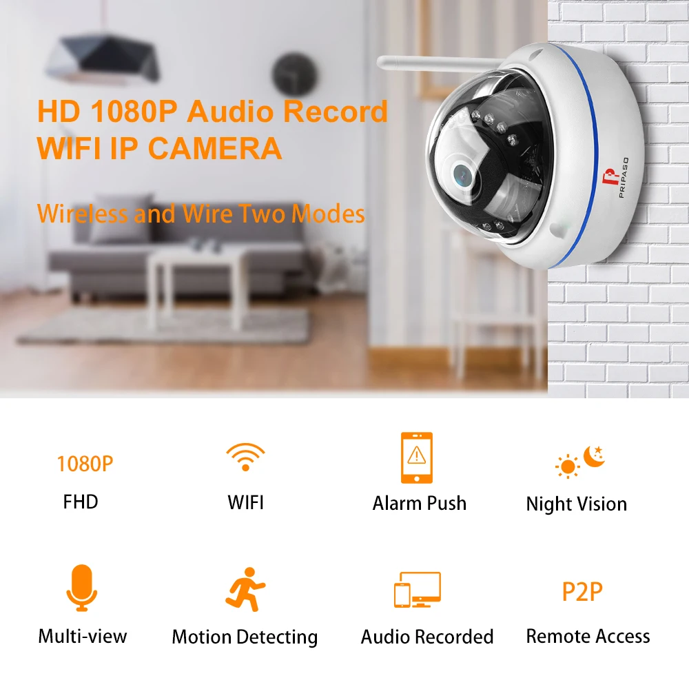 Ip-камера 1080 P, уличная, антивандальная, беспроводная камера со слотом для sd-карты, Макс. 128 ГБ, ONVIF P2P, обнаружение движения, оповещение, купольная камера безопасности